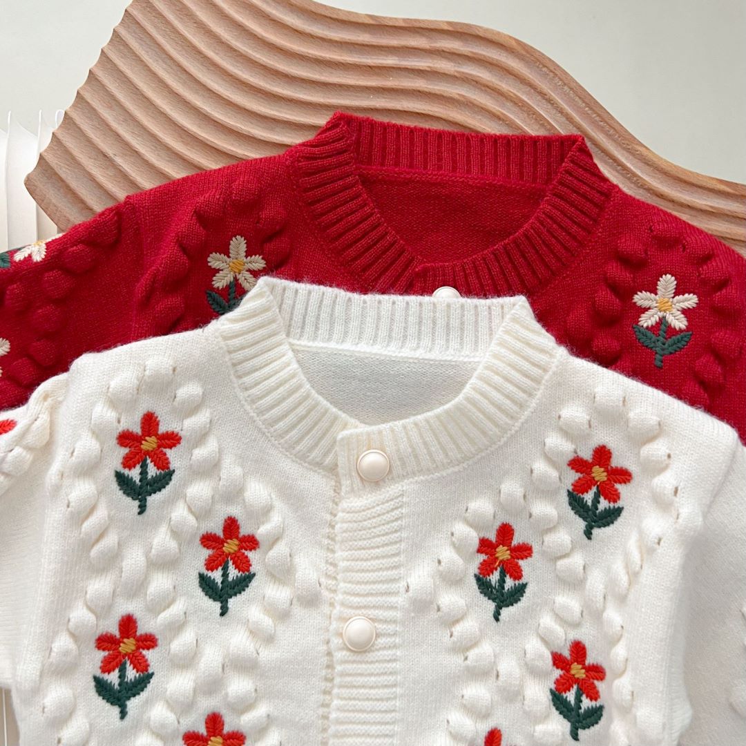 JINYONG Kinderpullover Neue koreanische Ausgabe Western Sweet bestickte Blume 3D Ball Strickmantel für Mädchen_voghion.com