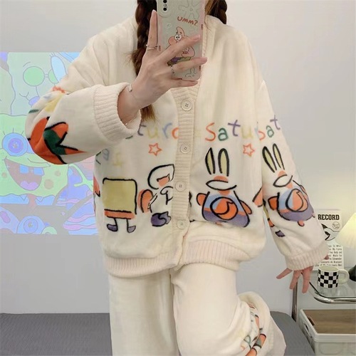 Cartoon Flannel Pajama Set for Women - Winter Thick Princess Style Long Sleeve Open Top Outerwear Warm Sweet Homecoming Clothes
