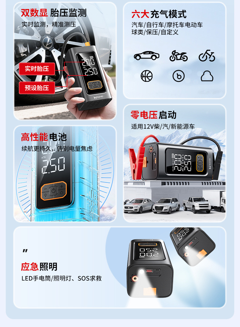 Buwei 12v car air pump pump pump to start the fire line lighting emergency charging all-in-one machine