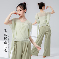古典舞蹈服女飞袖捏褶双层网纱身韵仙气纱衣飘逸中国舞练功服上衣