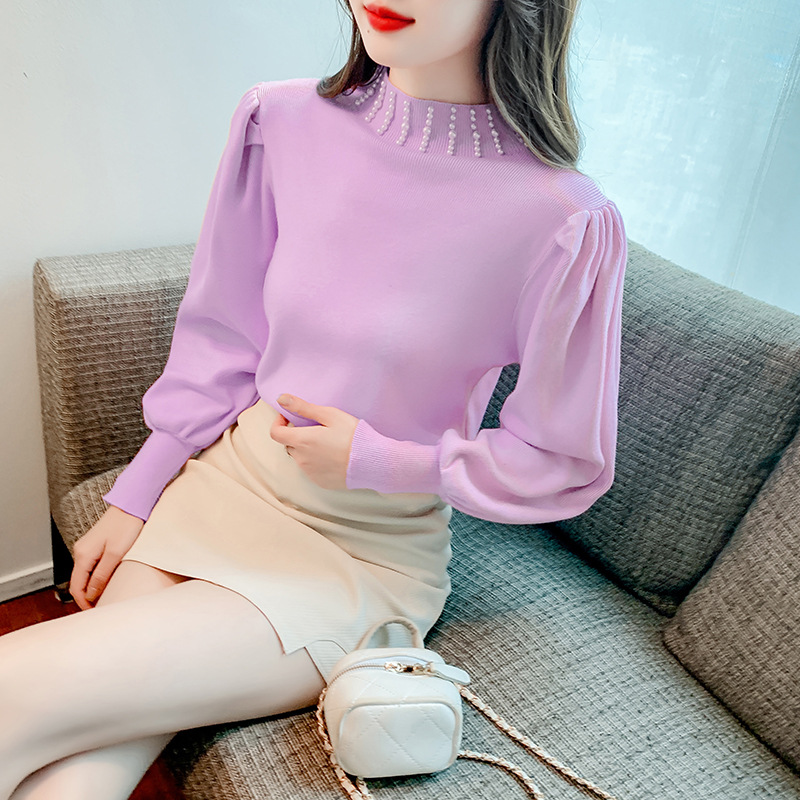 스웨터 커스텀 리얼 샷 겨울 새로운 슬림 핏 롱 슬리브 하프 하이 칼라 비드 버블 슬리브 우아한 니트 탑