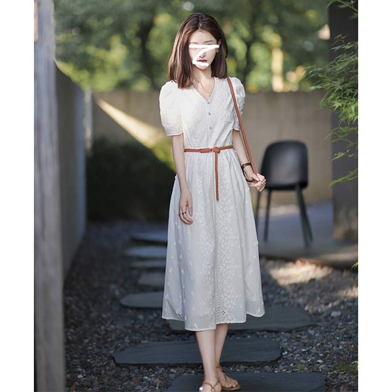 夏装2022新款优雅仙女棉裙子港味设计气质法式白色蕾丝收腰连衣裙详情5