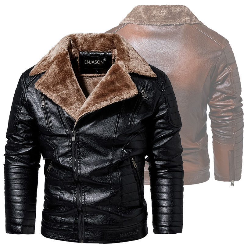 American Retro Casual Cycling Motorcycle Leather Jacket Men's Motorcycle Slim Autumn and Winter Velvet Outdoor Jacket Jacket