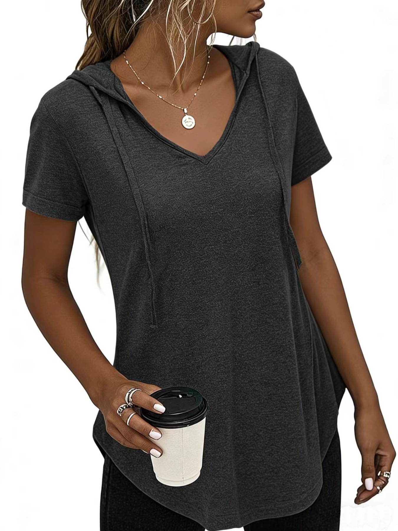 2026 Spring And Summer European And American Maternity Wear New Foreign Trade Fashion Break V-neck Hooded Women's Top T-shirt_ecoleips.com