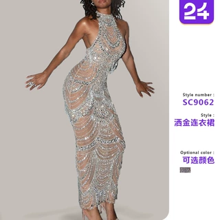 2027跨境春季新款欧美女装亚马逊连衣裙挂脖礼服透视亮片性感长裙