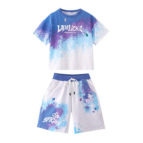 Children's sporty short sleeve set summer 2024 new middle and large size boys trendy cool basketball uniform in pure cotton