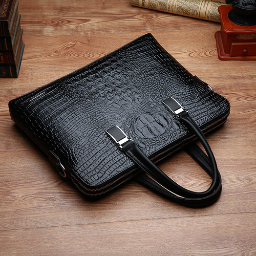 Cross-border men's bag business handbag horizontal crocodile pattern double zipper casual portable briefcase shoulder crossbody bag