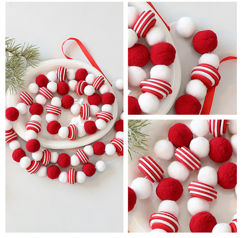Handgefertigte Filzkugelgirlande – Rot-weiße Pompon-Girlande für Weihnachtsbaum, Kamin und Fensterdekoration (DIY-Weihnachtsdekoration, 3 Meter)_voghion.com