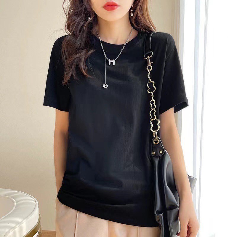 ヨーロッパ純綿 Tシャツレディース夏新疆長繊維綿半袖レディース Tシャツルーズカップルシャツ右肩ルーズラウンドネックホワイト Tシャツ|undefined