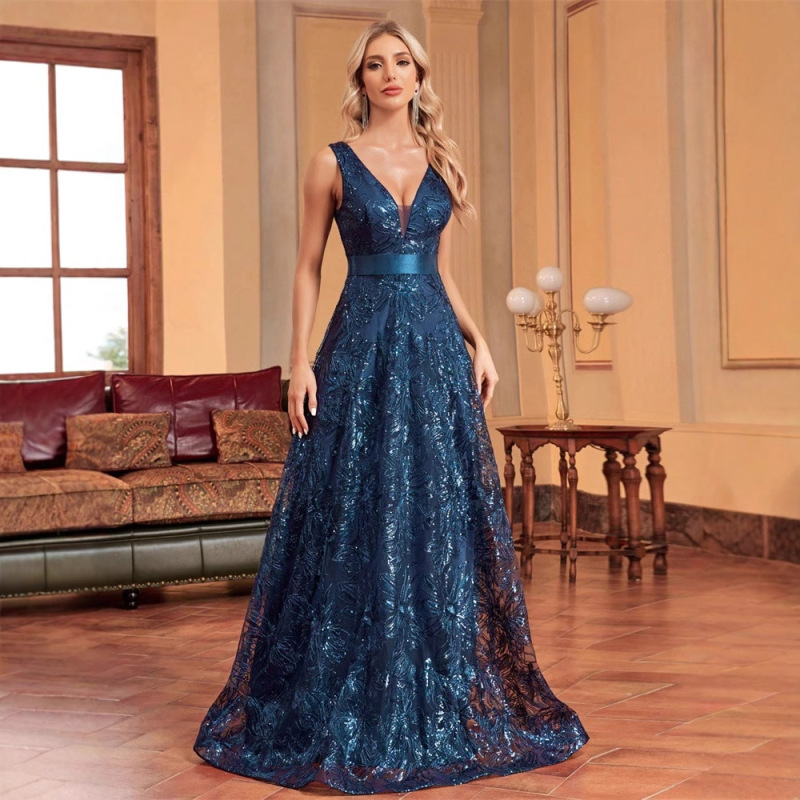 Cross-border New European and American Elegant Deep V dress Sexy Long Dress Backless Slim-fit Fishtail Bridesmaid Banquet Evening Dress