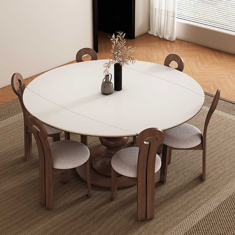 Retro Solid Wood Walnut Color Telescopic High-End Functional Rotating Dining Table Square and Round Dual-Purpose Stretch Mid-Century Style Slate Dining Table