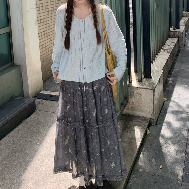 ZHOYUE深灰色花朵刺绣大摆量半身裙全松紧腰长裙休闲风女2025秋季|undefined