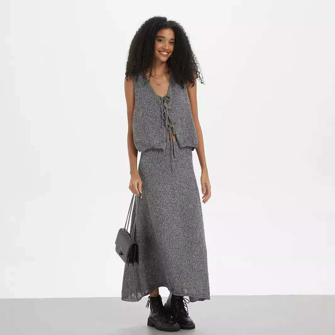 Трансграничная женская оптовая продажа в европейском и американском стиле мода из двух частей V-образный шнуровка тканый жилет с высокой талией