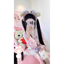 日系甜美可爱拼接粉色条纹T恤女春秋新款学生宽松软妹长袖上衣