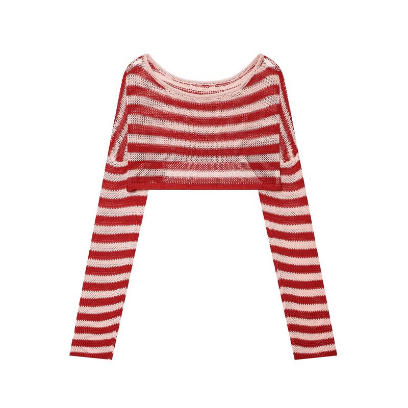 Myst&Za New Summer Women's Clothing, Lazy Style Long-Sleeved One-Line Collar Contrasting Stripesd Short Knitted Blouse 2142265
