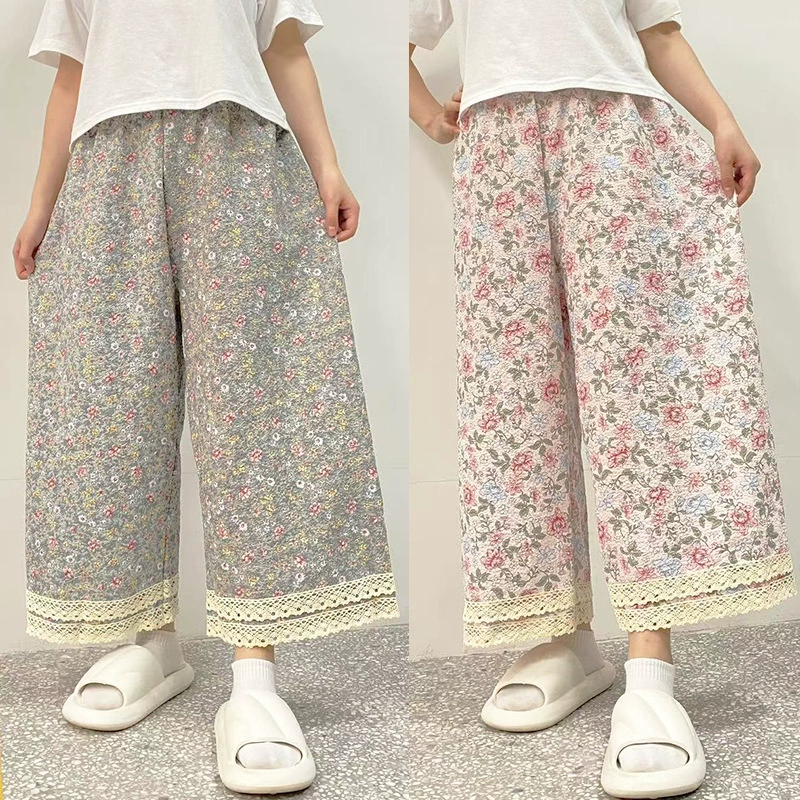 Широкие брюки в корейском стиле для женщин, тонкие пижамные брюки весны и лета, плиссированные домашние кружевные брюки с карманами и высокой талией с цветочным принтом