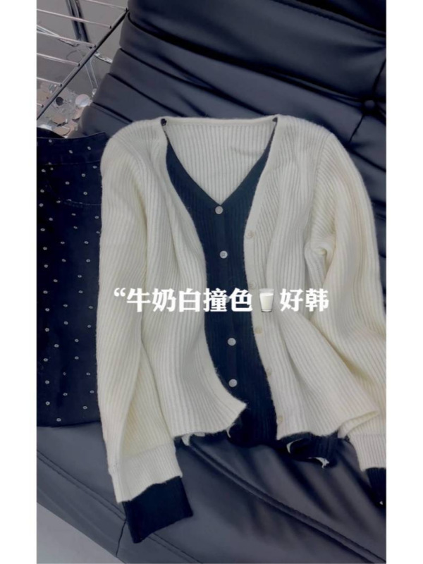 高品质！韩系穿搭chic别致假两件早秋撞色针织衫修身显瘦上衣|undefined