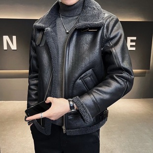Fur coat men's winter New lamb fur lapel leather coat men's motorcycle fleece-lined thickened jacket 919