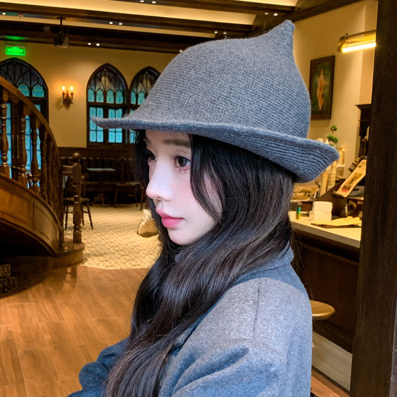 跨境万圣节帽子女款秋冬魔法女巫帽羊毛高品质尖顶装饰卷边巫师帽|undefined