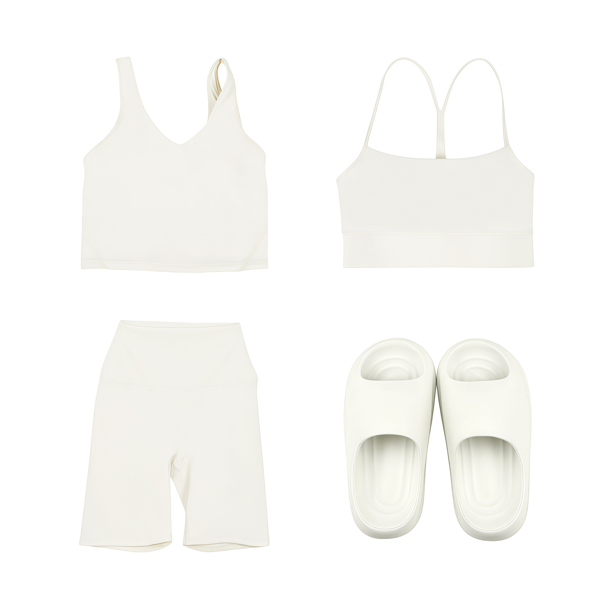 Conjunto de cuatro piezas para mujer: pantalones capri, chaleco en forma de U, chaleco en forma de Y, prenda exterior ajustada, pantalones deportivos elásticos y zapatillas deportivas._voghion.com