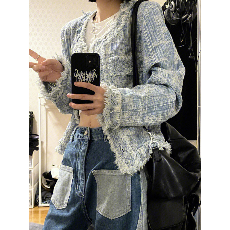 Tweed Style Tweed Denim Jacket for Women Spring & Fall New Korean Design High-End Niche Short Jacket Top