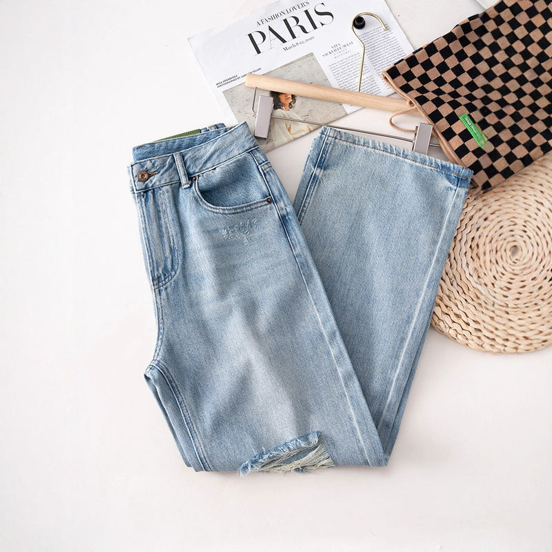 Washed Ripped Straight Jeans for Women Spring and Summer New High-Waisted Loose Slimming Versatile Wide-Leg Pants - Clearance