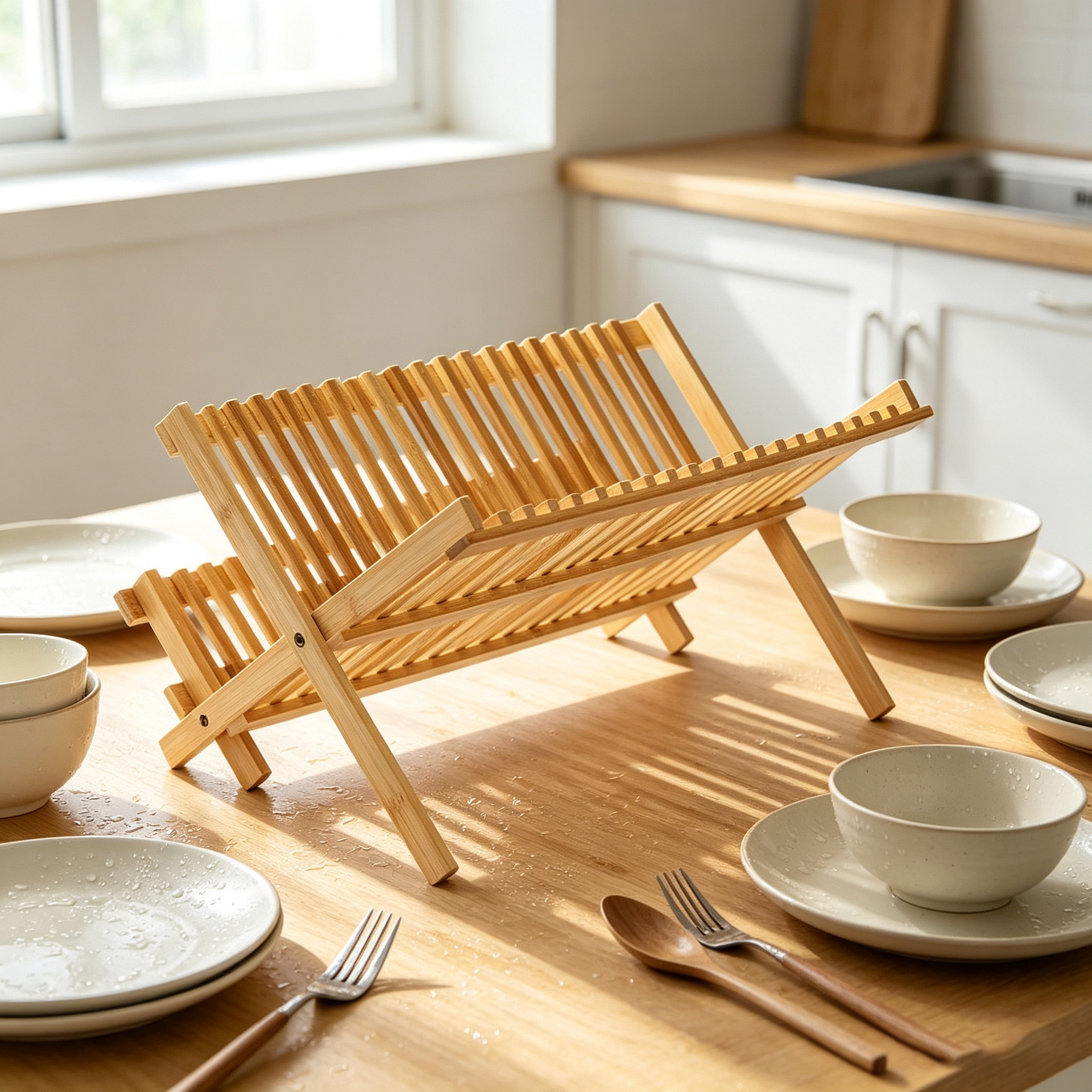 Estante de platos de drenaje doméstico, estante de platos de aire, estante de platos de bambú y madera, estante de almacenamiento de tazas de té, estante de almacenamiento multifuncional de cocina