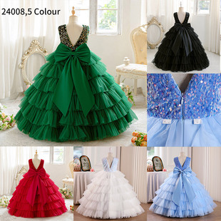 Girls Evening Dress with Bow, Backless, Light Luxury, Small Fragrance Style, High-End Children's Catwalk Piano Performance Clothing in Stock
