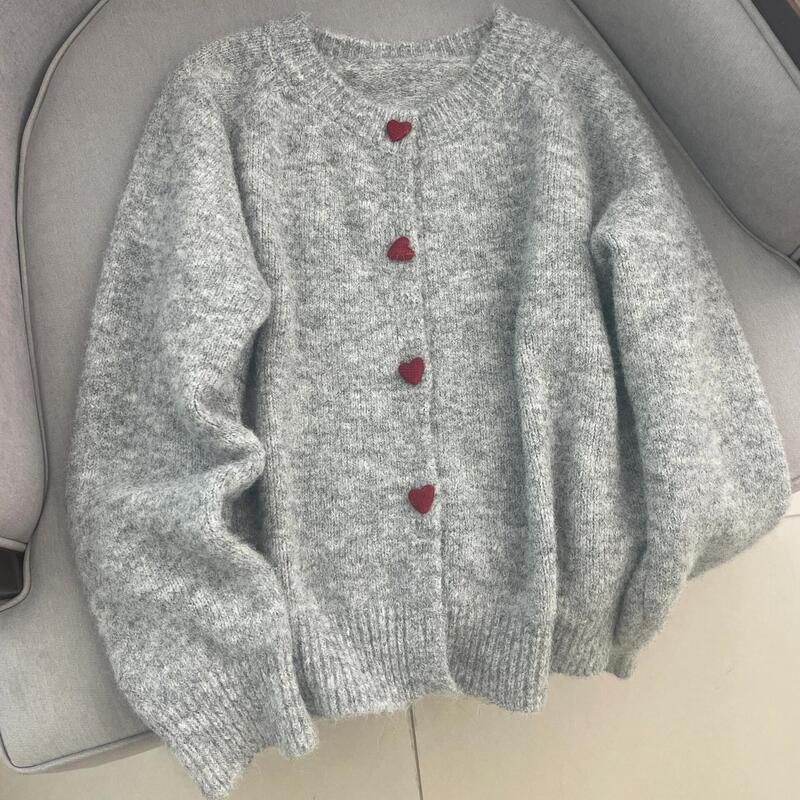 Spring, Autumn, Winter Gray Heart-Shape Button Sweater Coat for Women, New Early Autumn High-End Loose Round-Neck Knit Cardigan