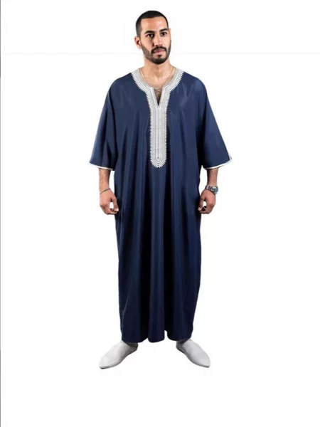 2026 New Cross-Border Ethnic Style Moroccan Men's Robe with Mid-Sleeve Lace Trim