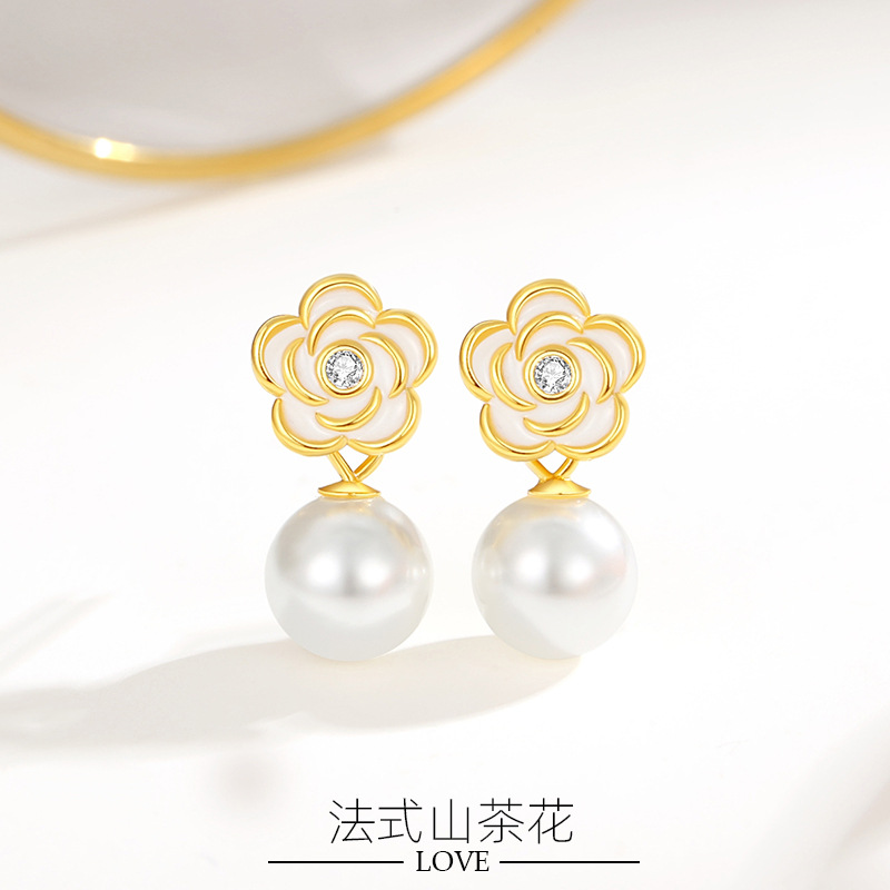 S925 plata estilo francés Camelia Stud pendientes mujeres vintage flor perla pendientes nicho diseño sentido pendientes joyería nuevo