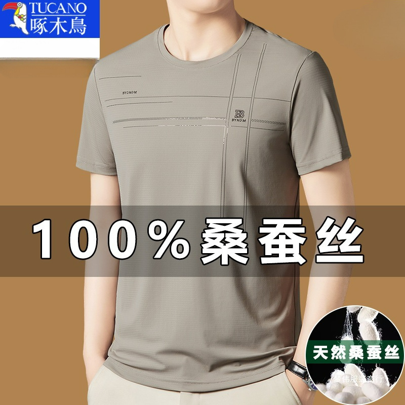 キツツキマルベリーシルク半袖 Tシャツメンズ 2025 新しい夏のラウンドネック Tシャツアイスシルク半袖メンズ Mengwei|undefined