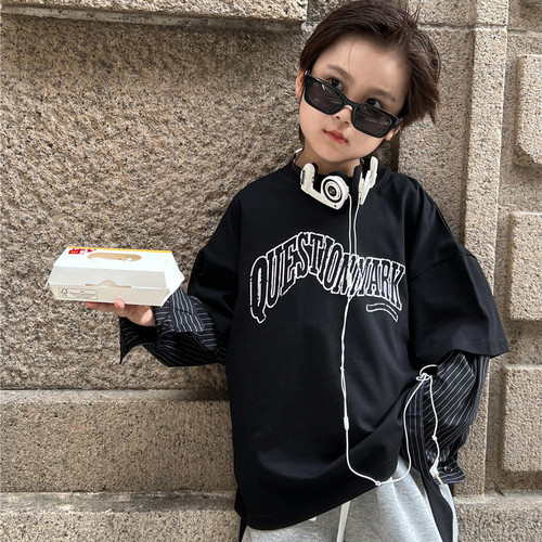 2024 Spring Kids' Clothing Top: European & American-style Children's Faux Two-Piece T-shirt with Striped Sleeves, Unisex Base Layer Shirt