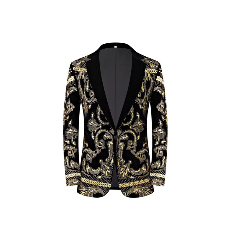Men's Black Gold Embroidered Velvet Heavy Industry Full Embroidered Suit Jacket Slim-fit Small Suit Prom Singer Embroidered Costume