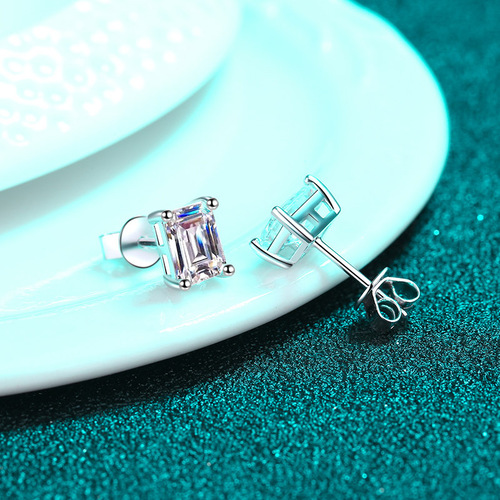 925 sterling silver stud earrings for women inlaid with rectangular chamfered moissanite exquisite earrings plated with pt950 gold manufacturer wholesale
