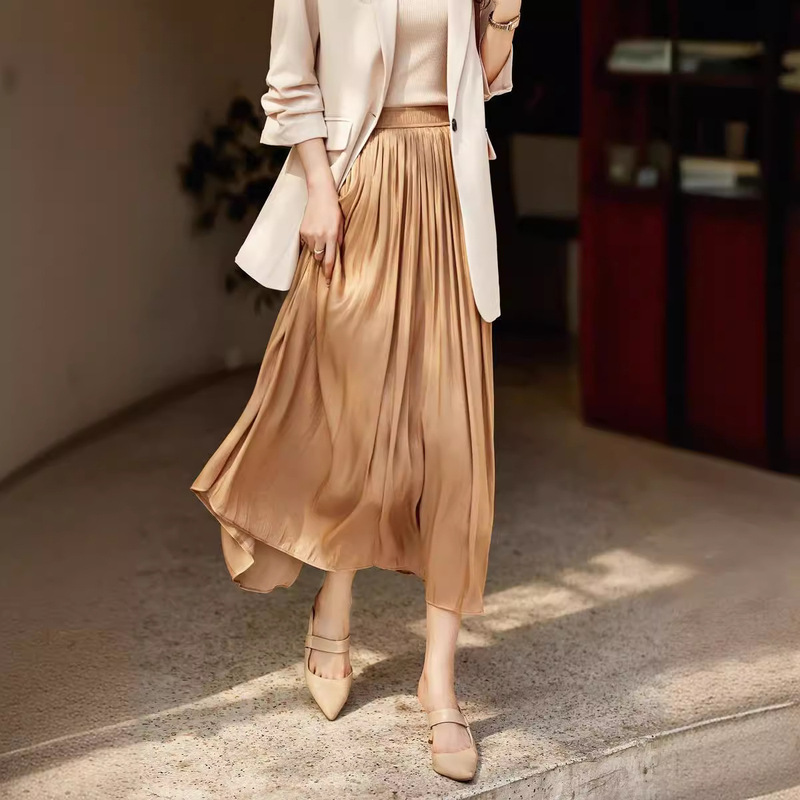 2024 Spring and Summer New Gentle Streamers Copper Ammonia Silk Skirt Women's Pleated Drape High Waist Long Skirt Fairy Fashion Skirt 2024 Spring and Summer New Gentle Streamers Copper Ammonia Silk Skirt Women's Pleated Drape High Waist Long Skirt Fairy Fashion Skirt