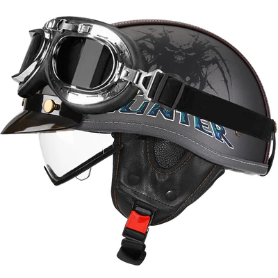 3C Certified Retro Motorcycle Helmet Leather, Motosiklet kaskı (dəbilqə) - sublime-gray-demon-hunter-transparent-silver-frame-mirror-m