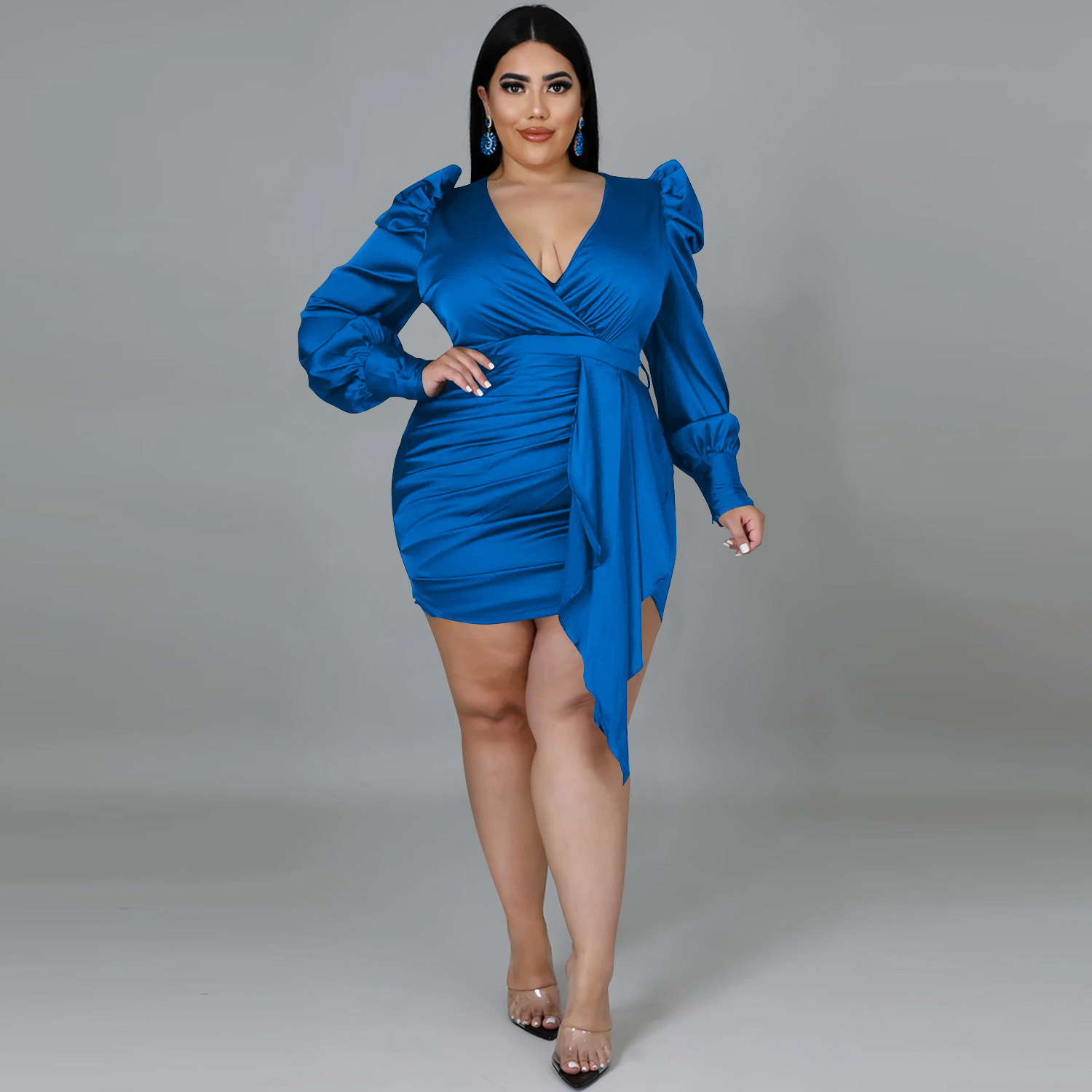 Solid Color Plus Size Deep V Long-Sleeved Pleated Dress NSXYZ110904