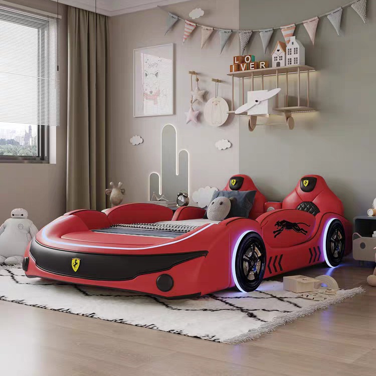 Cama infantil para niños cama de dibujos animados cama de madera maciza doble cama de carreras de metros cama individual creativa para niños cama multifuncional