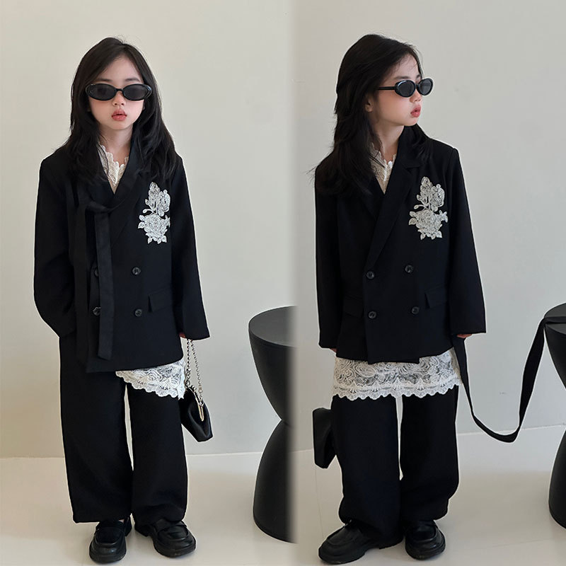 女童西装套装2025秋季新款刺绣玫瑰休闲儿童小西服上衣潮一件代发
