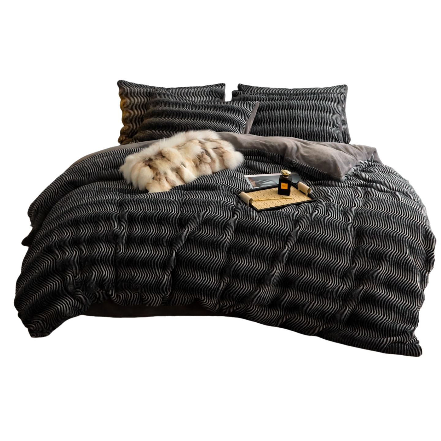 Luz de lujo conejo cama de peluche de cuatro piezas set sábanas de invierno de peluche de coral leche de peluche de doble cara más gruesa cama de peluche