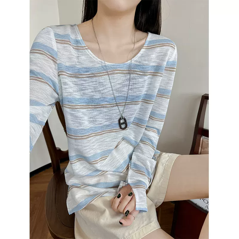 条纹正肩圆领长袖t恤女夏季新款宽松显瘦百搭打底衫内搭针织上衣