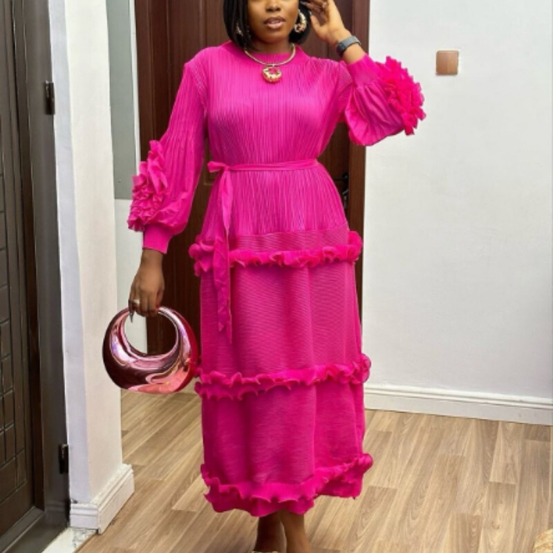 Miyaki Dress Miyake Pleated Pure Color Hand-Cranked Round Neck Cake Long Skirt Elegant Large Size Versatile Dress