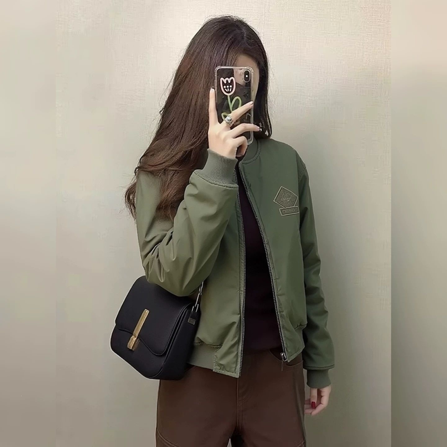 Simple embroidered design, stylish green baseball jacket with zip-up, women's spring new style casual top