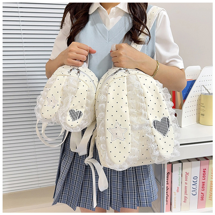 Indigo Smoke Mesh Bunny Ear Student Backpack Japanese Style Cute Girls School Bag High-Value Casual Versatile Travel Shoulder Backpack