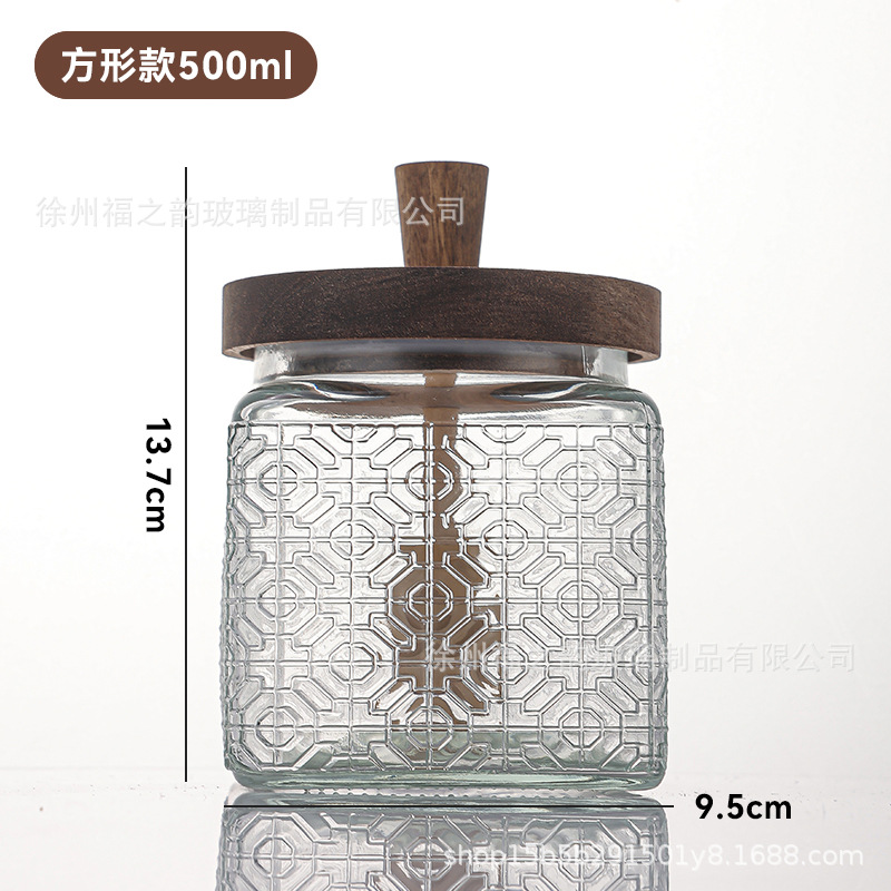 Frasco de almacenamiento de flores de begonia retro de acacia, tanque de miel, barra de agitación transparente con tapa, tanque de vidrio sellado de almacenamiento de cocina