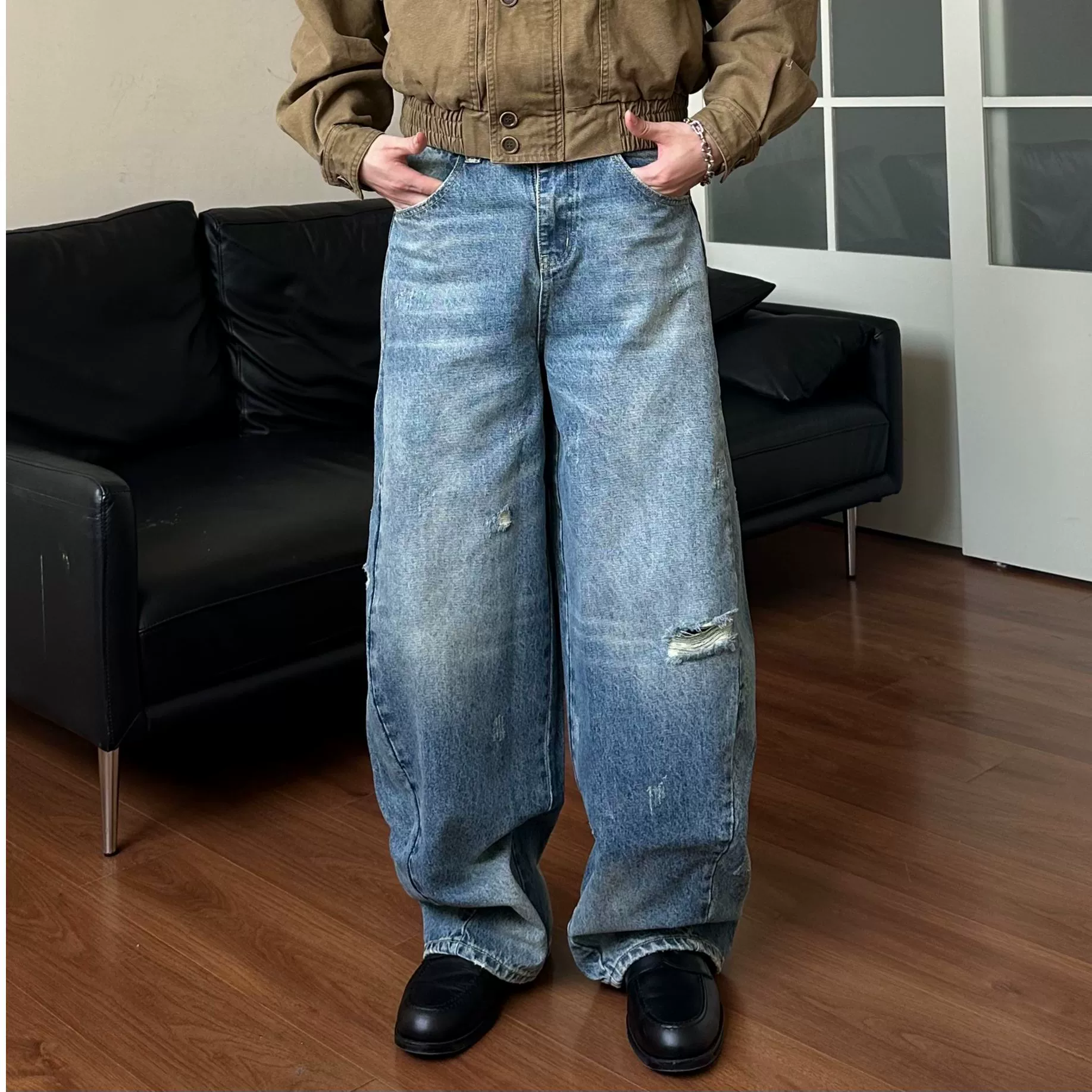 MADEEXTREME осенний американский ретро папаша дыры рыхлые ятаган версия широкие джинсы для мужчин и женщин