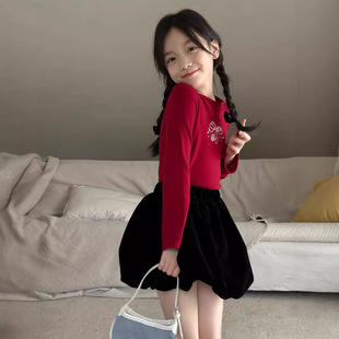 Cherry Hot Diamond Bottoming Shirt 2024 Autumn Big Children and Girls Autumn and Winter Elastic Micro-Flared Cuffs Hot Diamond Pullover Top