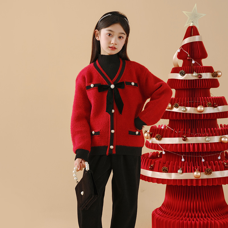 女童假两件红色毛衣开衫加厚秋冬季2023新款童装圣诞新年针织毛衣