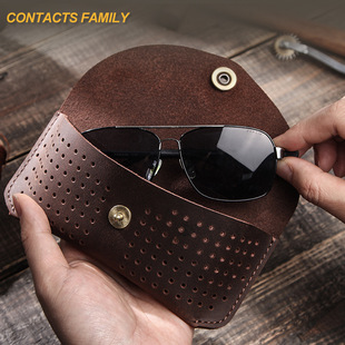 New Vintage Crazy Horse Cowhide Hollow Glasses Case Flip-type Handmade Leather Glasses Storage Leather Case